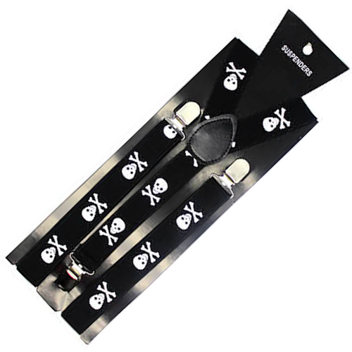 Mens Suspenders Braces Adjustable Strong Clip On Elastic Formal Wedding Slim - Black with White Skulls - Main Image