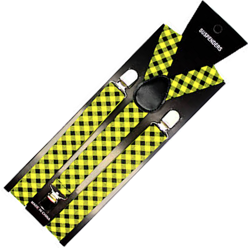 Mens Suspenders Braces Adjustable Strong Clip On Elastic Formal Wedding Slim - Black/Yellow Check - Main Image