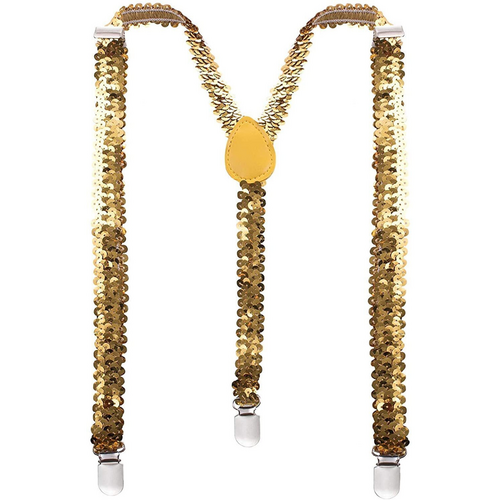 Mens Suspenders Braces Adjustable Strong Clip On Elastic Formal Wedding Slim - Gold (Sequin) - Main Image