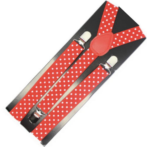 Mens Suspenders Braces Adjustable Strong Clip On Elastic Formal Wedding Slim - Red with White Polka Dot - Main Image