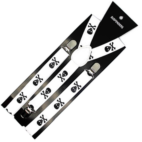 Mens Suspenders Braces Adjustable Strong Clip On Elastic Formal Wedding Slim - White with Black Skulls - Main Image