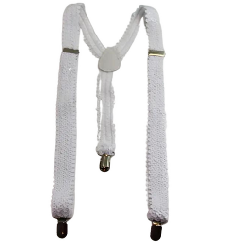 Mens Suspenders Braces Adjustable Strong Clip On Elastic Formal Wedding Slim - White (Sequin) - Main Image