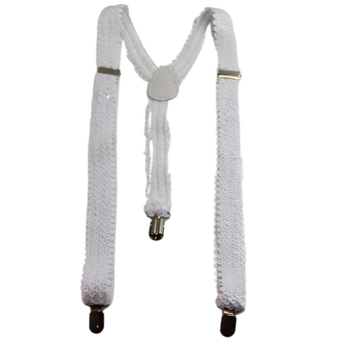 SEQUIN SUSPENDERS Unisex Adjustable Braces Clip On Elastic Y-Back  - White - Main Image