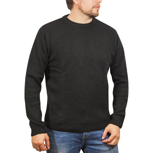 100% SHETLAND WOOL CREW Round Neck Knit JUMPER Pullover Mens Sweater Knitted - Plain Black - 4XL - Main Image