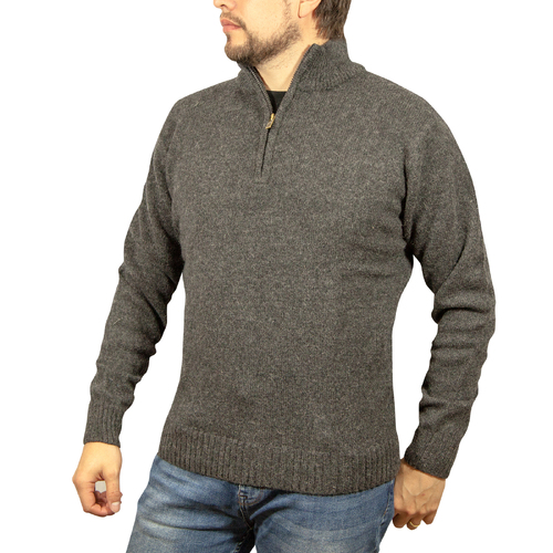 100% SHETLAND WOOL Half Zip Up Knit JUMPER Pullover Mens Sweater Knitted - Charcoal (29) - S - Main Image