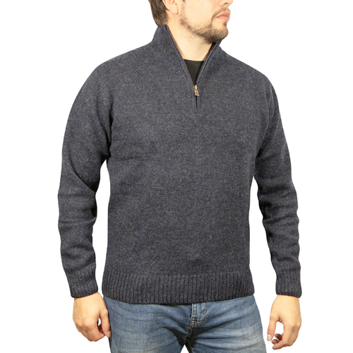 100% SHETLAND WOOL Half Zip Up Knit JUMPER Pullover Mens Sweater Knitted - Denim Blue (45) - M - Main Image