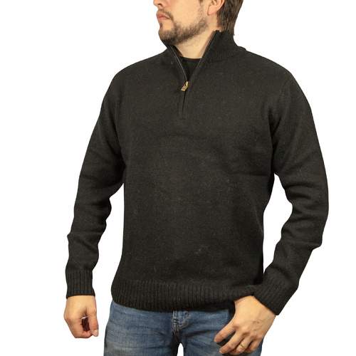 100% SHETLAND WOOL Half Zip Up Knit JUMPER Pullover Mens Sweater Knitted - Plain Black - 4XL - Main Image