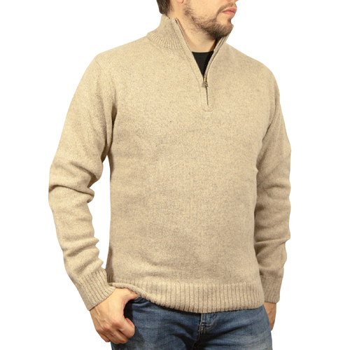 100% SHETLAND WOOL Half Zip Up Knit JUMPER Pullover Mens Sweater Knitted - Oat Marle (03) - L - Main Image