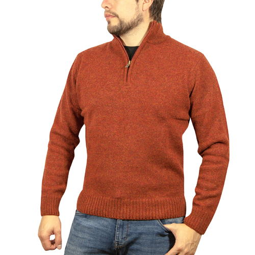 100% SHETLAND WOOL Half Zip Up Knit JUMPER Pullover Mens Sweater Knitted - Rust (54) - 5XL - Main Image