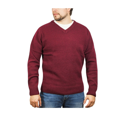 100% Shetland Wool V Neck Knit Jumper Pullover Mens Sweater Knitted - Burgundy (97) - 3XL - Main Image