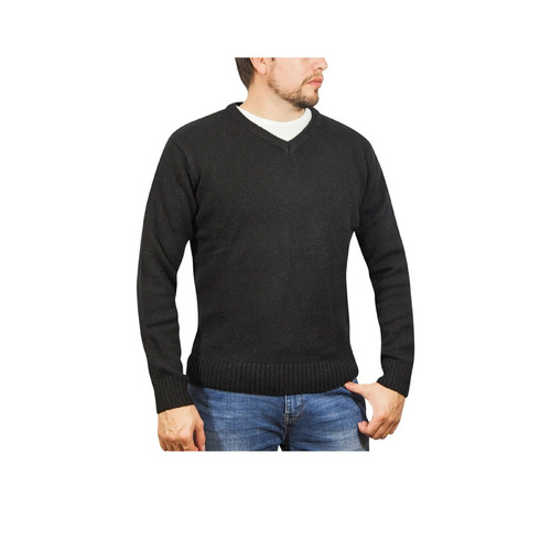 100% Shetland Wool V Neck Knit Jumper Pullover Mens Sweater Knitted - Plain Black - 6XL - Main Image
