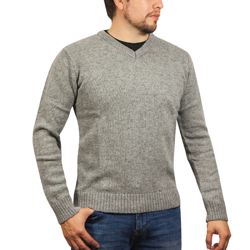 100% Shetland Wool V Neck Knit Jumper Pullover Mens Sweater Knitted - Grey (21) - M - Main Image