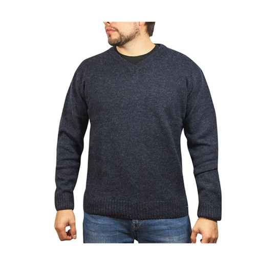 100% Shetland Wool V Neck Knit Jumper Pullover Mens Sweater Knitted - Navy (45) - L - Main Image