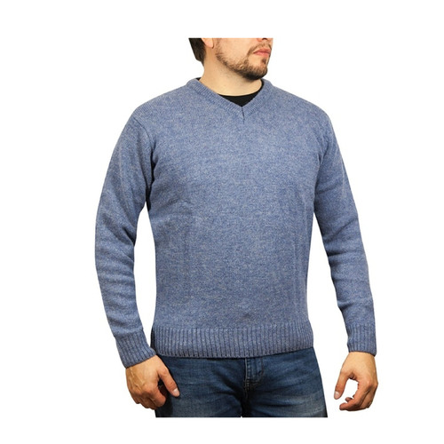100% Shetland Wool V Neck Knit Jumper Pullover Mens Sweater Knitted - Sky (40) - 5XL - Main Image