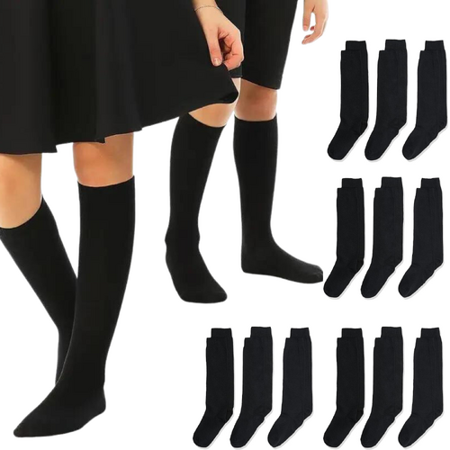 12x Pairs School Uniform Knee High Socks Cotton Rich Girls Boys Kids Bulk - Black - 9-12 (5-8 Years Old) - Main Image