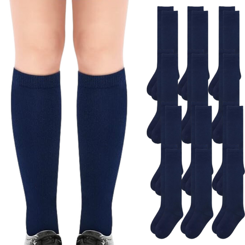 12x Pairs School Uniform Knee High Socks Cotton Rich Girls Boys Kids Bulk - Navy - 9-12 (5-8 Years Old) - Main Image