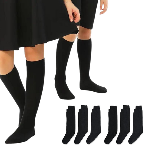 6x Pairs School Uniform Knee High Socks Cotton Rich Girls Boys Kids Bulk - Black - 9-12 (5-8 Years Old) - Main Image