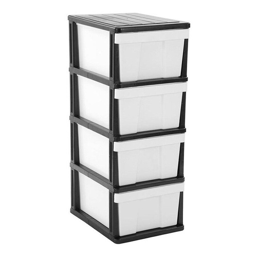 MEGA 4 Tier Drawer Storage Organiser Plastic Level Office Box Cabinet in Black/White - Main Image