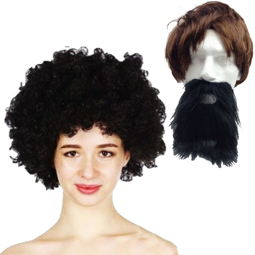 2pc Set Black Jumbo Afro Wig + Party Beard Moustache Costume Fancy Dress Fake Hair - Main Image
