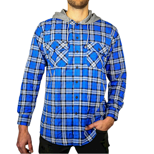 Mens Cotton Flannelette Shirt w Jersey Hood Long Sleeve Flannel - Spanish Blue - 6XL - Main Image