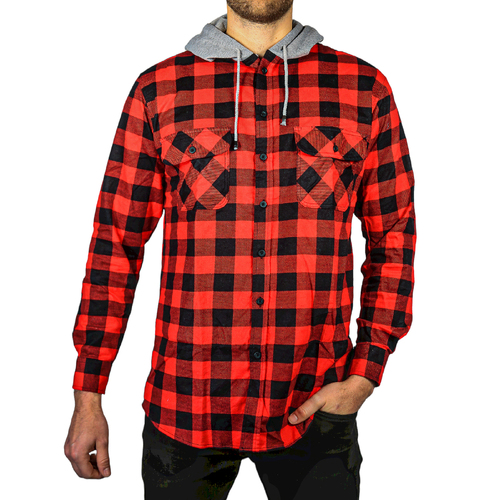 Mens Cotton Flannelette Shirt w Jersey Hood Long Sleeve Flannel - Red/Black - M - Main Image