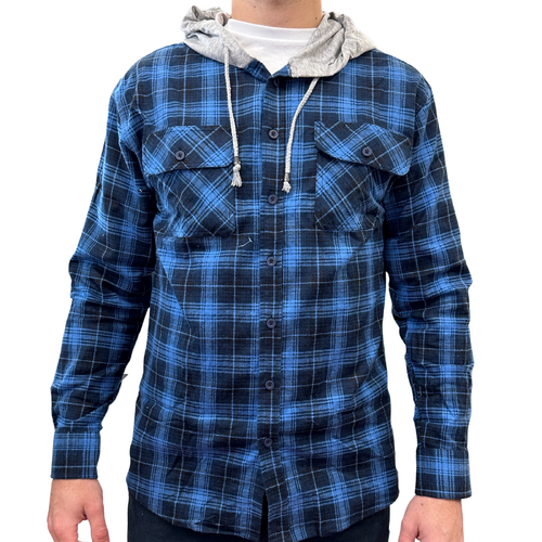 Mens Cotton Flannelette Shirt w Jersey Hood Long Sleeve Flannel - Blue - M - Main Image