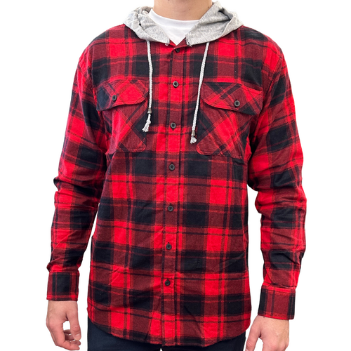 Mens Cotton Flannelette Shirt w Jersey Hood Long Sleeve Flannel - Red - L - Main Image