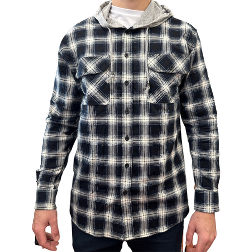 Mens Cotton Flannelette Shirt w Jersey Hood Long Sleeve Flannel - Black - S - Main Image