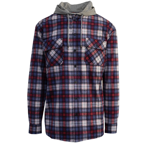 Mens Cotton Flannelette Shirt w Jersey Hood Long Sleeve Flannel - Navy - M - Main Image