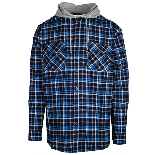 Mens Cotton Flannelette Shirt w Jersey Hood Long Sleeve Flannel - Turquoise - M - Main Image