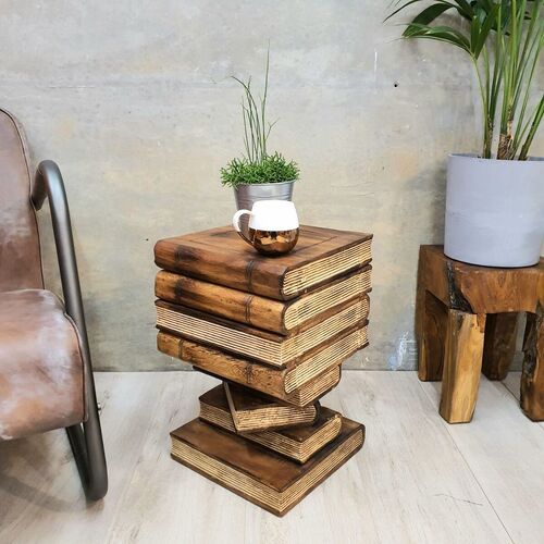 Side Table Book Stack Design w Storage Compartment Natural Burned - Main Image