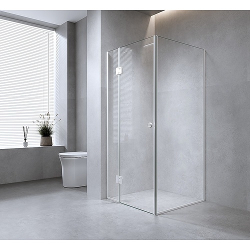 120x70cm Corner Frameless Shower Screen with Gunmetal Channel and SS Hinges, Round Handle - Main Image
