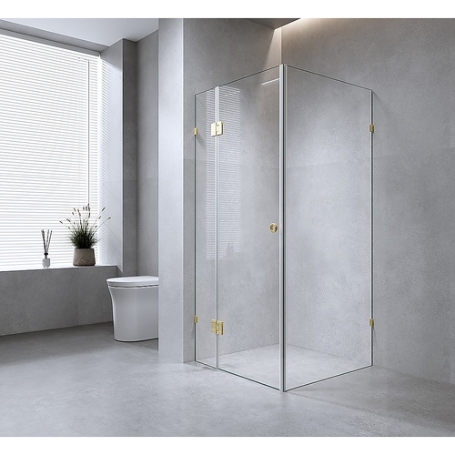 120x110cm Corner Frameless Shower Screen with White Brackets and SS Hinges, Round Handle - Main Image