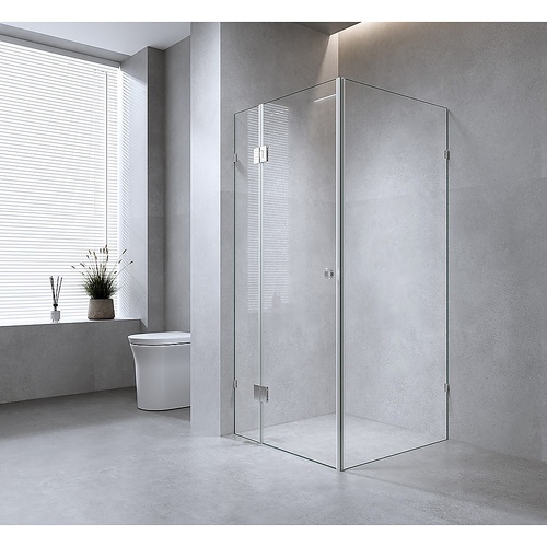 110x70cm Corner Frameless Shower Screen with White Brackets and Brass Hinges, Round Handle - Main Image