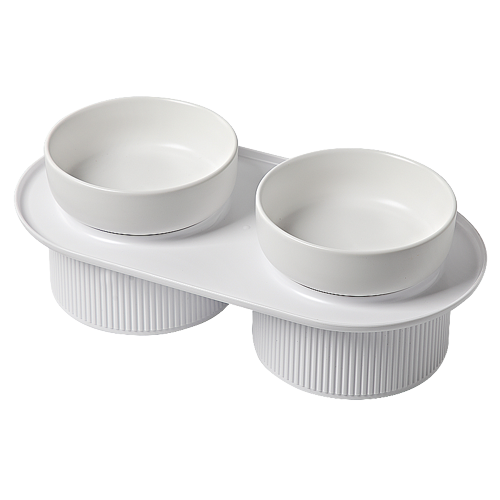 24x Ribbed Ceramic Double Pet Bowl 3pc Set - White - Main Image