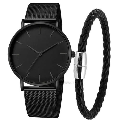 NNEOBA Mens Ultra Thin Magnetic Bracelet Quartz Watch - All-Black Slim Mesh Steel - Main Image