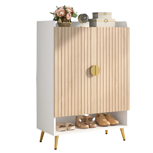 NNETMLT 7-Tier Shoe Storage Cabinet with Adjustable Shelves, Wood and Gold - Main Image