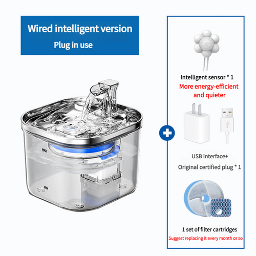 Wired Intelligent Pet Water Fountain with Quiet Sensor and Filter Set – USB Plug Included - Main Image