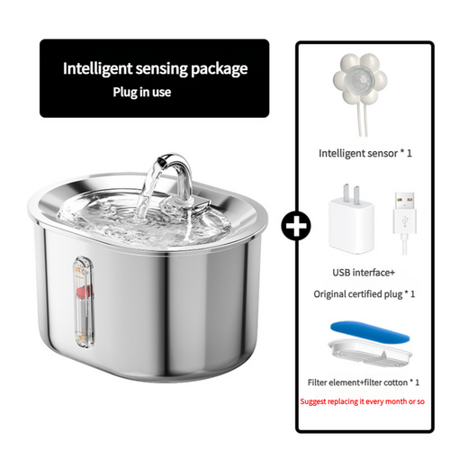 Intelligent Sensing Stainless Steel Pet Water Fountain with Smart Sensor and USB Plug - Main Image