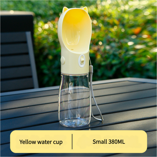Portable Dog Water Bottle with Bowl Dispenser - 380ml Yellow Pet Travel Cup, Leak-proof, One-Hand Operation - Main Image