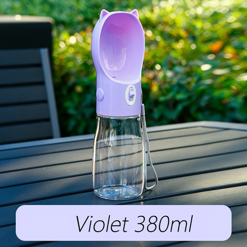 Portable Dog Water Bottle with Bowl Dispenser-380ml Purple Pet Travel Cup, Leak-proof, One-Hand Operation - Main Image
