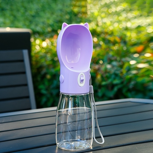 Portable Dog Water Bottle with Bowl Dispenser-500ml Purple Pet Travel Cup, Leak-proof, One-Hand Operation - Main Image