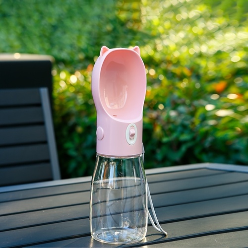 Portable Dog Water Bottle with Bowl Dispenser-500ml Pink Pet Travel Cup, Leak-proof, One-Hand Operation - Main Image