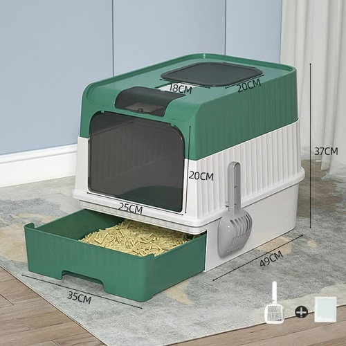 Green Large Enclosed Cat Litter Box with Drawer and Scoop-Odor Control, Removable Tray, Easy Clean Design - Main Image