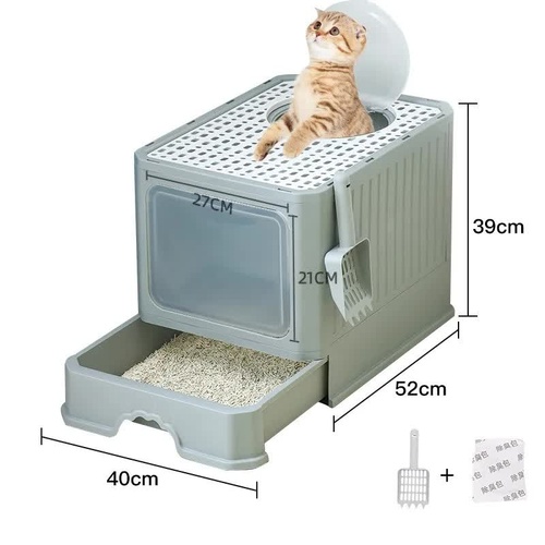 Top-Entry Cat Litter Box with Drawer - Enclosed Design, Easy Clean, Odor Control, Anti-Tracking Lid Grey - Main Image