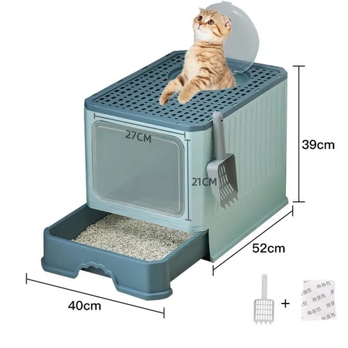 Top-Entry Cat Litter Box with Drawer-Enclosed Design, Easy Clean, Odor Control, Anti-Tracking Lid  Green - Main Image