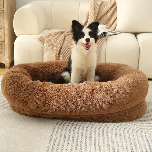 Fluffy Donut-Shaped Pet Bed- Soft, Cozy, and Anti-Anxiety for Dogs and Cats, Machine Washable  khaki  Size:M 75*55*18cm - Main Image