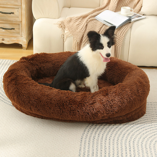 Fluffy Donut-Shaped Pet Bed- Soft, Cozy, and Anti-Anxiety for Dogs and Cats, Machine Washable  Coffee  Size:L 90*65*20cm - Main Image