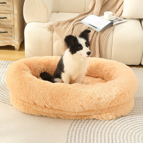 Fluffy Donut-Shaped Pet Bed- Soft, Cozy, and Anti-Anxiety for Dogs and Cats, Machine Washable  Apricot Size:L 90*65*20cm - Main Image