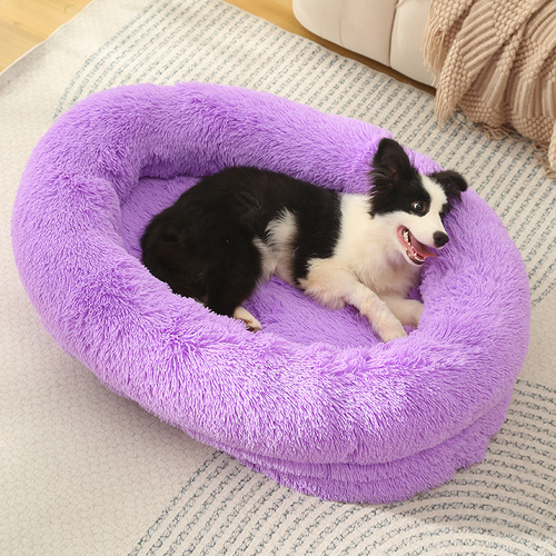 Fluffy Donut-Shaped Pet Bed- Soft, Cozy, and Anti-Anxiety for Dogs and Cats, Machine Washable  Purple  Size:L 90*65*20cm - Main Image